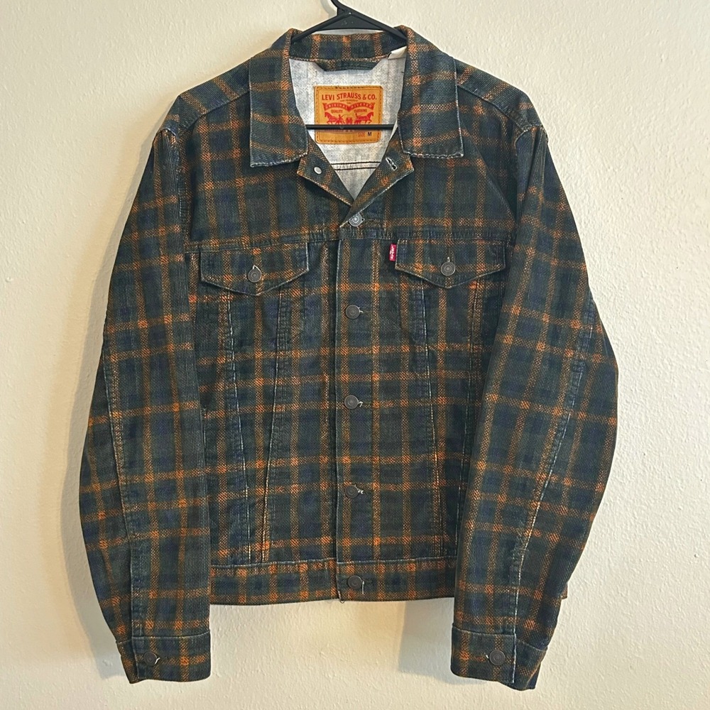 Levi Strauss Corduroy Plaid Trucker Jacket Mens M Green Button Front Pockets